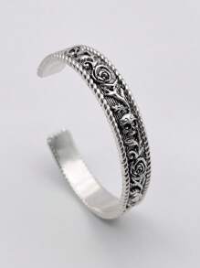 1pc Vintage Adjustable Skull & Rose Floral Engraved Bangle Bracelet, Rocks/Casual Style For Men