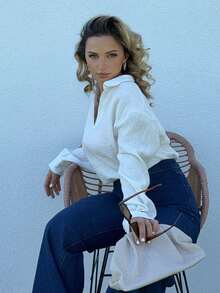 Jeta Ari Women'S Casual Turn-Down Collar Half Placket Long Sleeve Shirt,Long Sleeve Tops - White - View 4