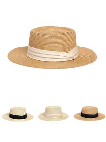 1pc Women Khaki Sun Hat, New Summer Straw Knitting, Simple Holiday Style, Beach Hat, Suitable For Beach, Party, Fishing, Jungle - MZ2705 - View 8