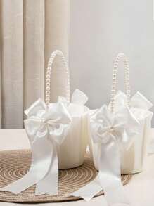 1/2pcs White Faux Pearl Wedding Flower Basket - White Bow Flower Basket, Satin Flower Basket, Suitable For Wedding Party Decoration, New Year Gifts, Decorative Gifts