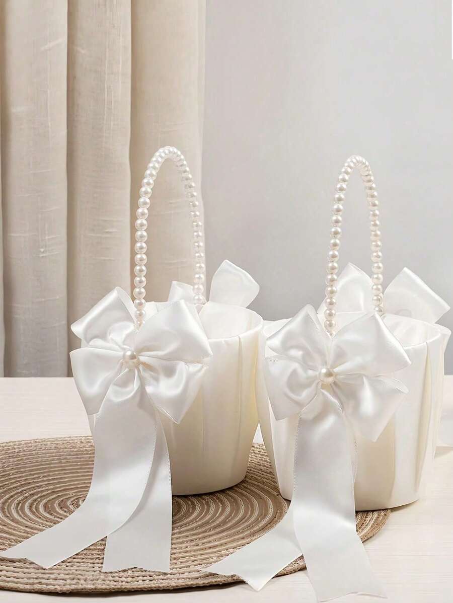1/2pcs White Faux Pearl Wedding Flower Basket - White Bow Flower Basket, Satin Flower Basket, Suitable For Wedding Party Decoration, New Year Gifts, Decorative Gifts