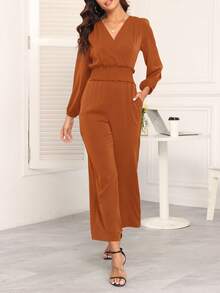 COMFYVOGUE Women's Solid Color Crossed V-Neck Lantern Sleeve Ruffle Wide Leg Elegant Jumpsuit - 橘色 - 查看 1