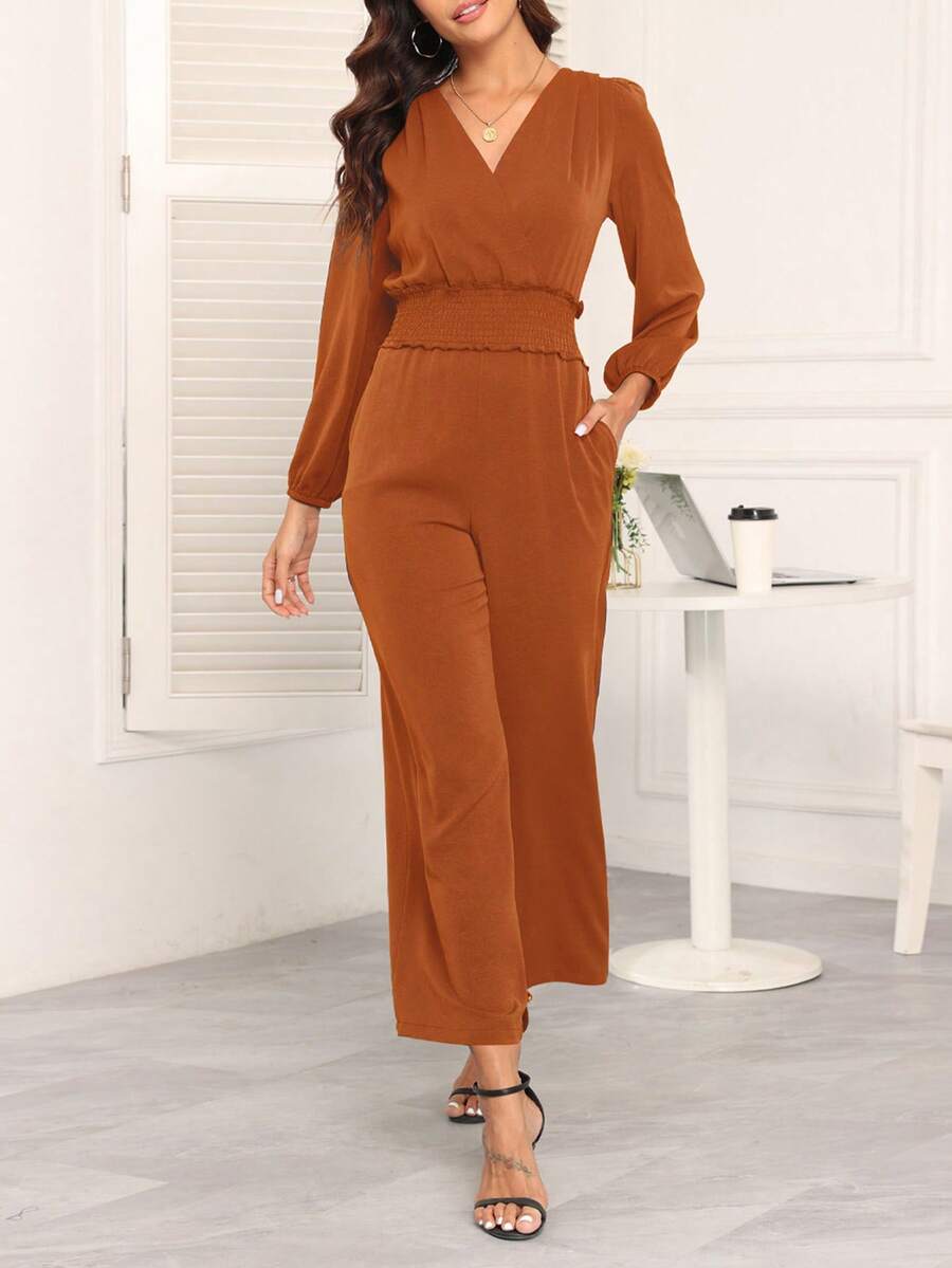 COMFYVOGUE Women's Solid Color Crossed V-Neck Lantern Sleeve Ruffle Wide Leg Elegant Jumpsuit - 橘色 - 查看 1