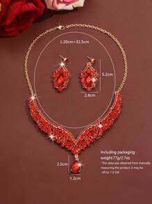 Set de 2 piezas de joyería nupcial de lujo con cristales completos, incluye collar y pendientes, en color rojo