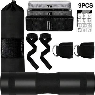 9 Pcs Barbell Pad Set, Barbell Squat Pad For Hip Thrusts, Lunges, Leg Day With 2 Gym Ankle Straps, 3 Hip Resistance Bands, 2 Lifting Strap, Barbell Pad And Carry Bag