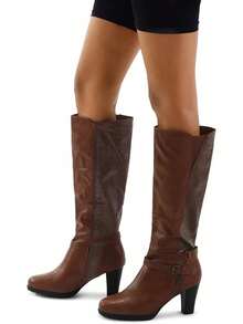 Wide Calf Round Toe Boots For Women - Stretch Slim Fit Chunky Block Heel Long Boots, Fashion Office & Street Shoes With Side Zipper - 普布朗 - 查看 1