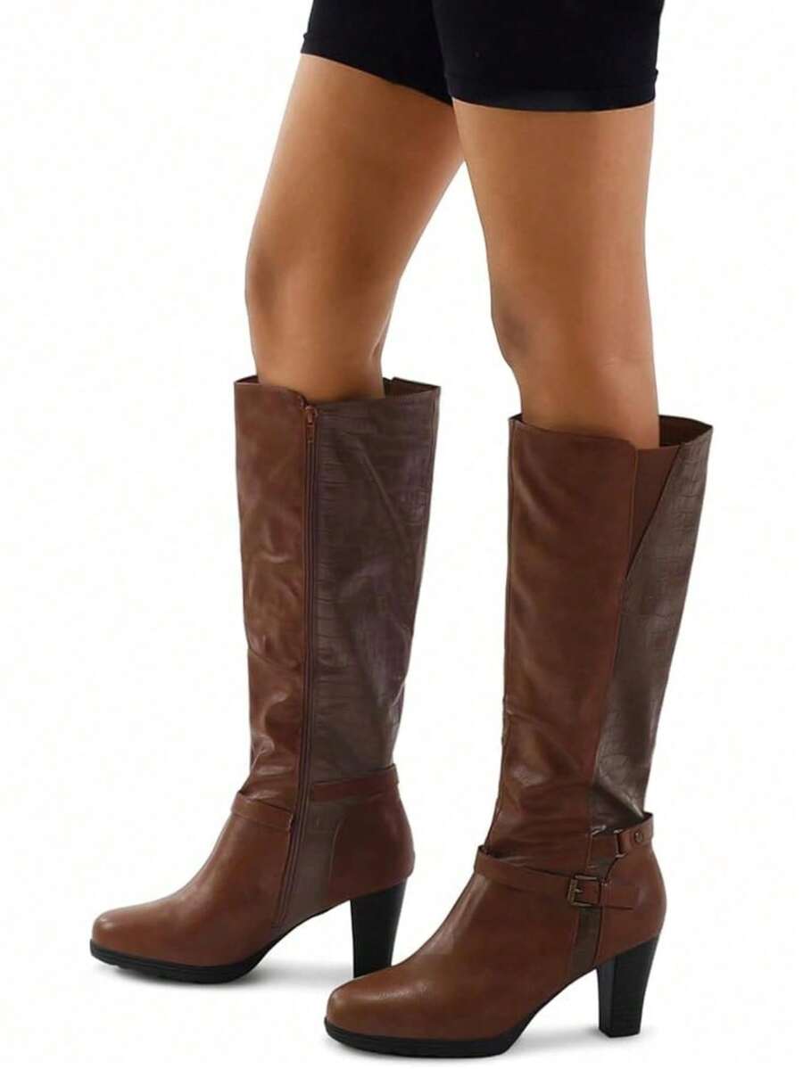 Wide Calf Round Toe Boots For Women - Stretch Slim Fit Chunky Block Heel Long Boots, Fashion Office & Street Shoes With Side Zipper - 普布朗 - 查看 1