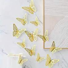 12pcs 3D Hollow Foldable Butterfly Wall Stickers, For Home Decoration, Gold Color Butterfly Decals Room Decor Wall Decor Personalised Stickers