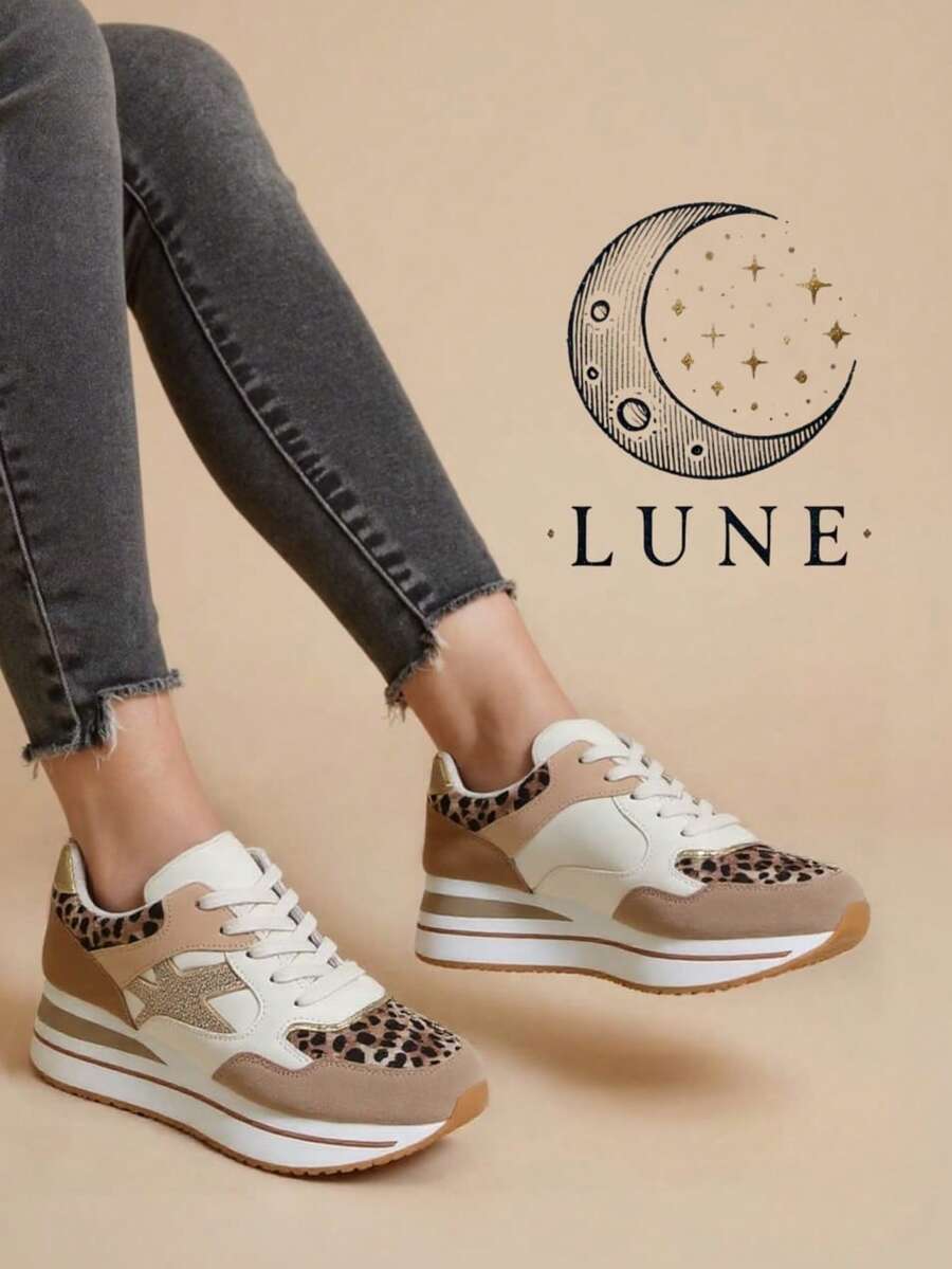 Women's Leopard Print Thick Sole Casual Sports Sneakers - Camel - View 1