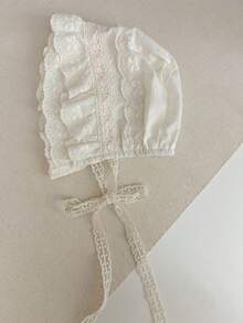 1pc Infant & Toddler Girls' Beige Lace Elegant Bib & Hat Set, Suitable For Everyday Outdoor Wear