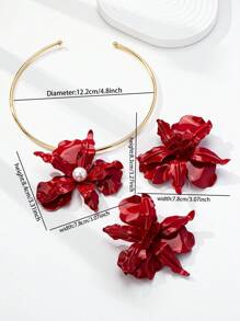Conjunto de 3 peças de brincos e colares românticos e charmosos com flores vermelhas, conjunto de joias florais para mulheres, adequado para férias, festas, uso diário