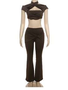 Cropped Neck Tight Fitted Crop Top And Flare Leg Pants Two Pieces Set - Coffee Brown - View 7