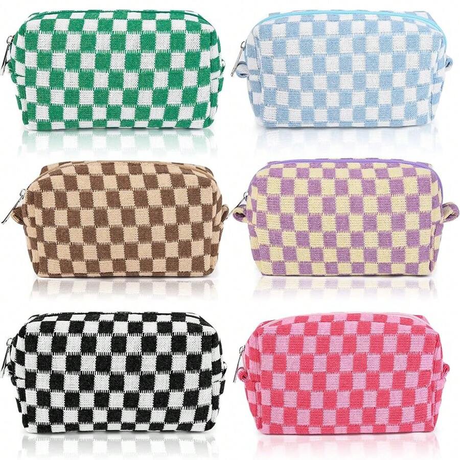 Checkered Makeup Bag Preppy Cosmetic Bag Bulk Blue Makeup Pouch Travel Toiletry Bag Organizer Cute Makeup Brushes Storage Bag Women Fashion - 6種顏色 - 查看 1