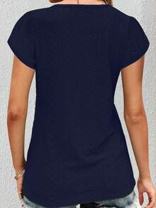 Women's Vacation Solid Color Contrast Lace Floral Petal Short Sleeve Hollow Out Blouse Summer - Navy Blue - View 2