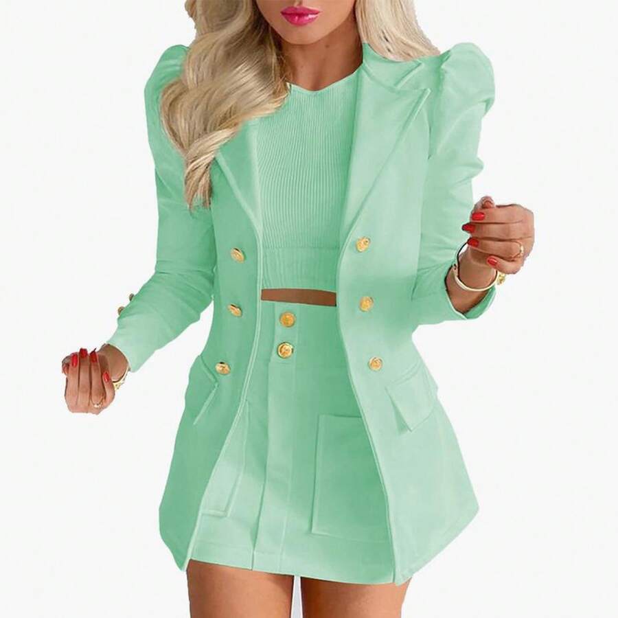 Women's Clothing Fashion Temperament Printed Princess Sleeve Short Skirt Suit Professional Wear Women's Two-Piece Suit Womenswear Gamis Comfort Basic - 綠色 - 查看 1