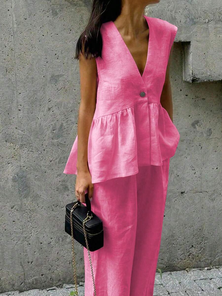 2 件套女士休闲优雅无袖上衣和松紧腰裤套装，轻盈半透明面料，适合派对、海滩、婚礼、花园、街头穿着