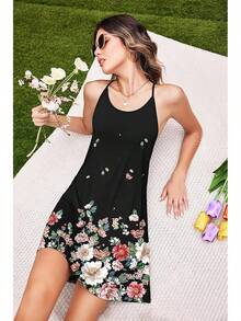 Women's Racerback Sleeveless Nightgown, Sleepwear - Black Flower - View 3