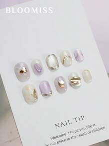 10 Pieces Of Handcrafted Press On Nails Short , Purple Nails , Gentle Flowers , Reusable Fake Nails