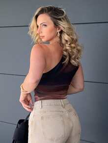 Jeta Ari 单肩随机扎染修身紧身衣 - 棕色 - 查看 5