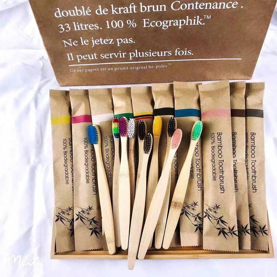 10pcs Bamboo Toothbrushes With Soft Bristles & Bamboo Handle, Paper Bag Packaging