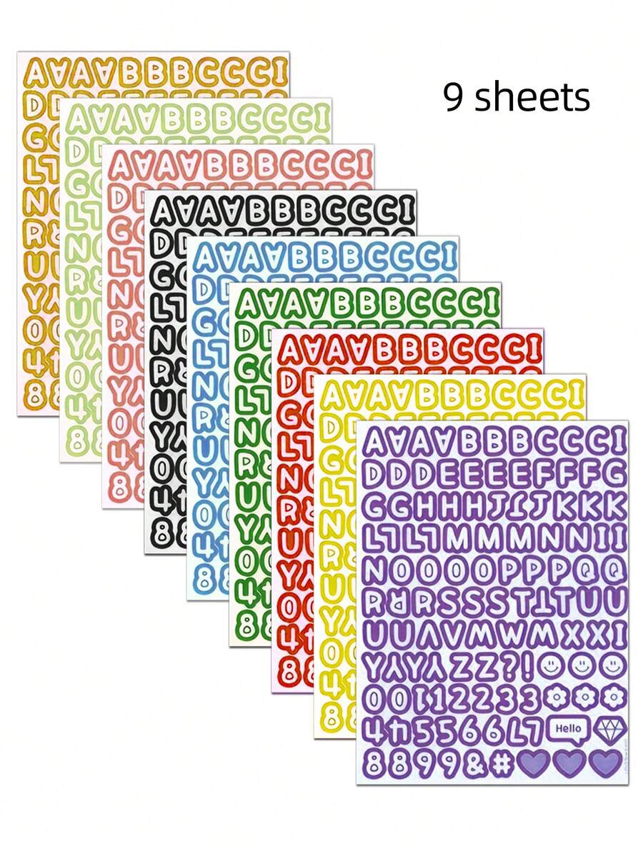 彩色字母和数字贴纸：9 张透明边缘卡通彩色英文字母和数字装饰贴纸套装，多用途防水 DIY 贴纸包，邮箱贴纸，教室教科书装饰贴纸