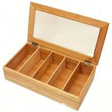 1pc Bamboo Tea Bag Organizer With Transparent Glass Lid - Multi-Compartment Storage Box For Tea, Coffee, And Desk Supplies, Natural Wood Finish, Colorful Tea Bag Display, Perfect For Kitchen Or Office Organization, Tea Storage, Shelf Baskets Back To School