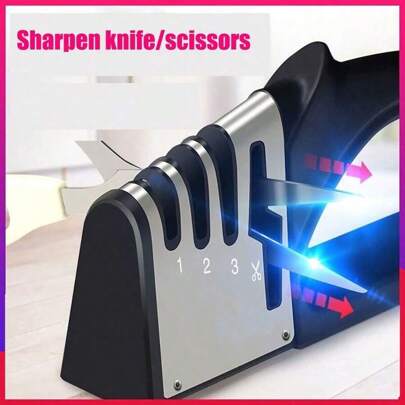 Afilador de cuchillos 4 en 1, afilador premium original para cuchillas, el mejor afilador de cuchillos de cocina que realmente funciona para cuchillos de cerámica y acero, tijeras. Herramienta de afilado de cuchillas de cocina y tijeras para esmerilar cuchillos, ranura fina para afilado diario y también para la etapa de preparación del esmerilado de cuchillos, ranura de esmerilado exacto para un esmerilado y pulido meticuloso