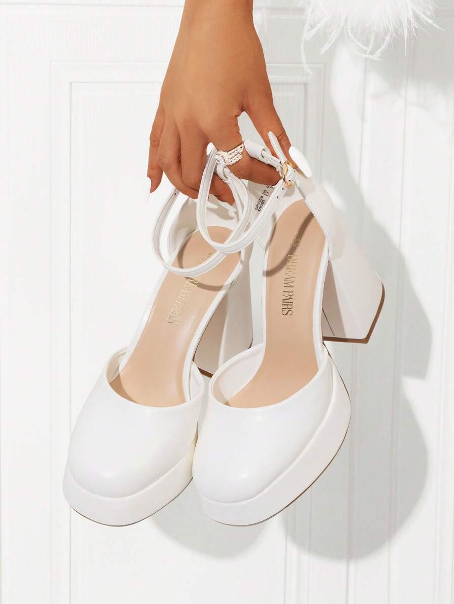 Women Chunky Platform High Heels Closed Toe Block Ankle Strap Dress Prom Wedding Party Pumps Shoes - 白色 - 查看 1