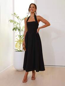 Nowość Sukienka z kwadratowym kołnierzykiem i ściągaczem w talii, z odkrytymi plecami dla kobiet