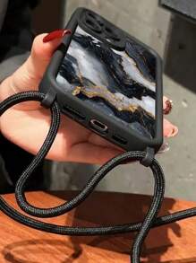 Marble Painted Simple Recessed Black Shoulder Strap Lanyard Phone Case Fit For IPhone16/IPhone15/XR/IPhone16PROMAX/7p8p/P12promax/P13promax/P14PROMAX/P13/P14/P11/P12/P14 Cute Fashionable Thick Protective Cover For XS/S/XSMAX/78GES2, A03s,A03core,A04,A12,A13,A14,A21s,A22,A23,A24,A32,A33a34,A5 A51A52,A53,A54