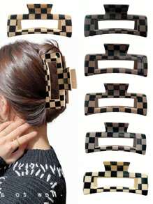 3pcs Women's Checkerboard Square Claw Hair Clips, Simple Fashion Resin Dual-Color Checkered Square 10.5cm Hollow Hair Clamps For Daily Commute Outfit Matching, Bun Hairstyle Fixing Hair Shark Tooth Hair Clip Accessory