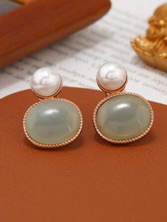 一对合金复古仿珍珠和绿松石夹式无穿孔耳环