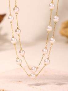 不锈钢仿珍珠 6 毫米高版纹理圆珠锁骨项链手链套装优雅配饰 - 金色 - 查看 6