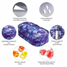 Serfeymi Organizador de pastillas para viaje de 7 días - Estuche semanal portátil AM/PM para medicamentos con diseño arcoíris, estuche con cremallera de piel sintética para vitaminas, omega 3 y medicación diaria (compacto y duradero)