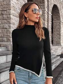 Áo thun nữ dệt kim kiểu dáng thường ngày, cổ cao phối màu, tay dài, dáng suông, có gân, thích hợp cho mùa xuân và mùa thu, họa tiết ngẫu nhiên, trang phục mùa thu cho mùa tựu trường. - màu đen - Xem 8