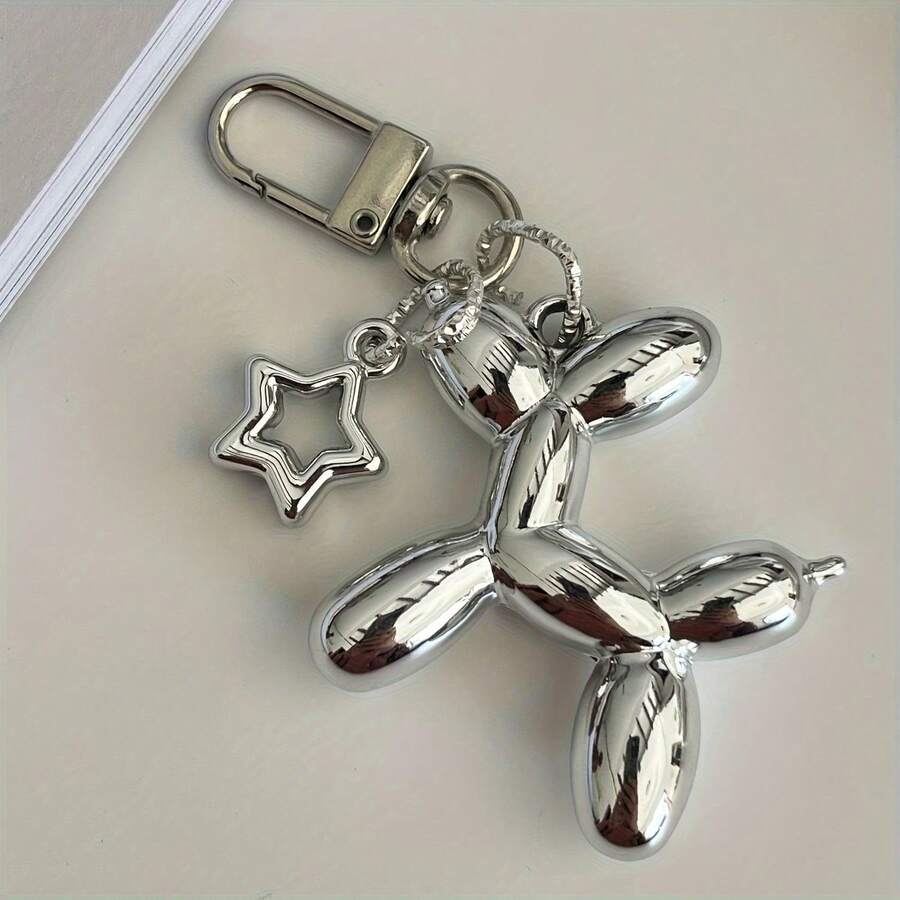 1pc Silvery Star Shaped Balloon Dog Keychain Pendant Packaging Decoration Dark Cool Men's And Women's Pendant Ins Style - Silvery - 查看 1