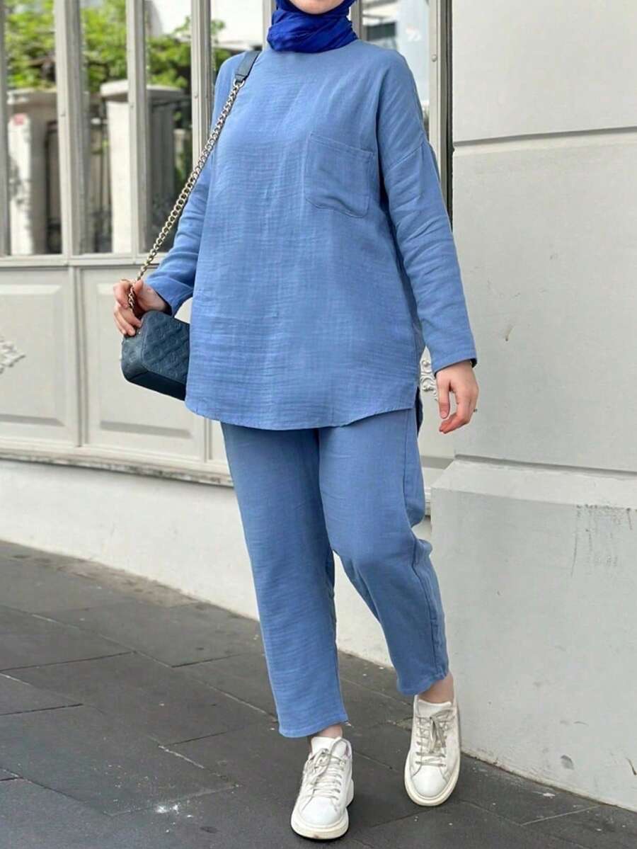 圣诞节宽松休闲中东阿拉伯风格落肩纯色两件套女装，圣诞节服装，新年派对服装，优雅女士套装，休闲女士套装，节日服装，冬季服装 - 藍色 - 查看 1