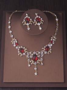 High End And Stylish New Necklace+Pair Of Earrings Set, Red And Green Water Droplet Pendant Set, Bridal Accessories, Wedding Dress, Evening Party Accessories - 項鍊+耳環套裝 - 查看 6