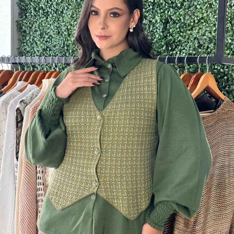 Women's Knitted Vest For Women Button Overlay Simple Knitwear Buttons On The Front - 橄欖綠 - 查看 1