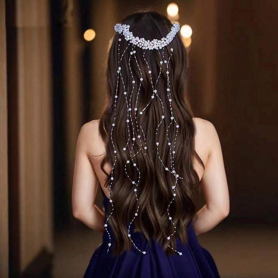 1 件锌合金手工珍珠流苏波浪发夹，闪亮发饰，适合派对、婚礼、新娘 - 銀色 - 查看 1