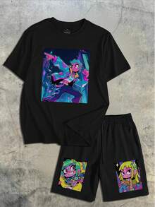 Conjunto masculino personalizado de 2 peças, camiseta e shorts com cordão, casual, solto, streetwear, esportivo, férias, atividades ao ar livre, primavera, verão, outono, adequado para namorado, família, aniversário de amigo, blusa preta, shorts pretos, festival, acadêmico, diário, aniversário, aniversário, Natal, Halloween, Ação de Graças, Dia dos Namorados, Mês do Orgulho, Dia do Professor, Dia dos Pais, Páscoa, Dia das Mães