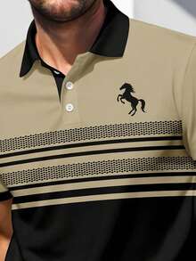 Men's Business Casual Patchwork 3D Graphic Polo Shirt And Shorts Set, Fashion Summer Holiday Sport Outfit, Plus Size