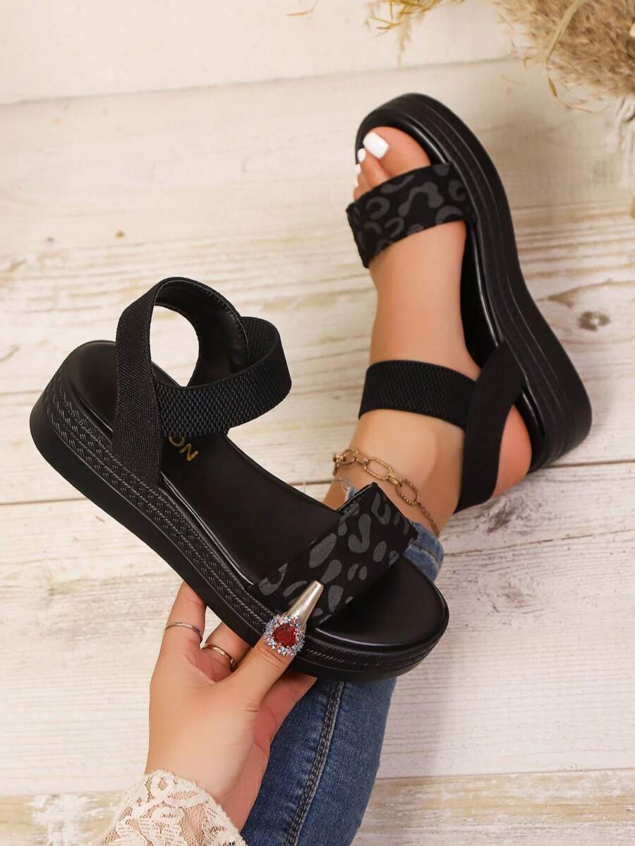 Women's Leopard Print Wedge Heel Platform Slip-On Sandals, Comfortable Outdoor Heels