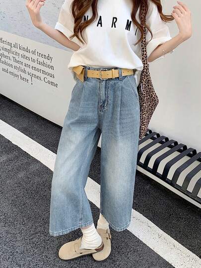 复古美式水洗宽松直筒阔腿七分牛仔裤，配腰带