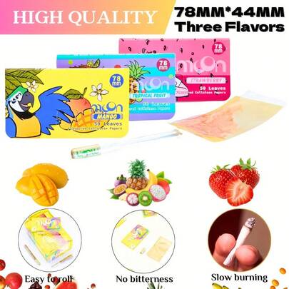 MOON 78Mm 什锦水果味玻璃卷烟纸，透明卷烟纸，3 包，150 张，78MM*44MM，78MM（50 张/本）滤纸，燃烧缓慢，使用方便，无苦味，天然阿拉伯胶，吸烟者的完美配件，情人节礼物，特别的生日礼物。