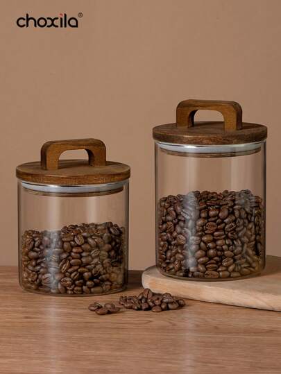 choxila 1pc Coffee Bean Sealed Jar With Handle Wooden Lid Storage Jar Coffee Bean Glass Sealed Jar Back To School