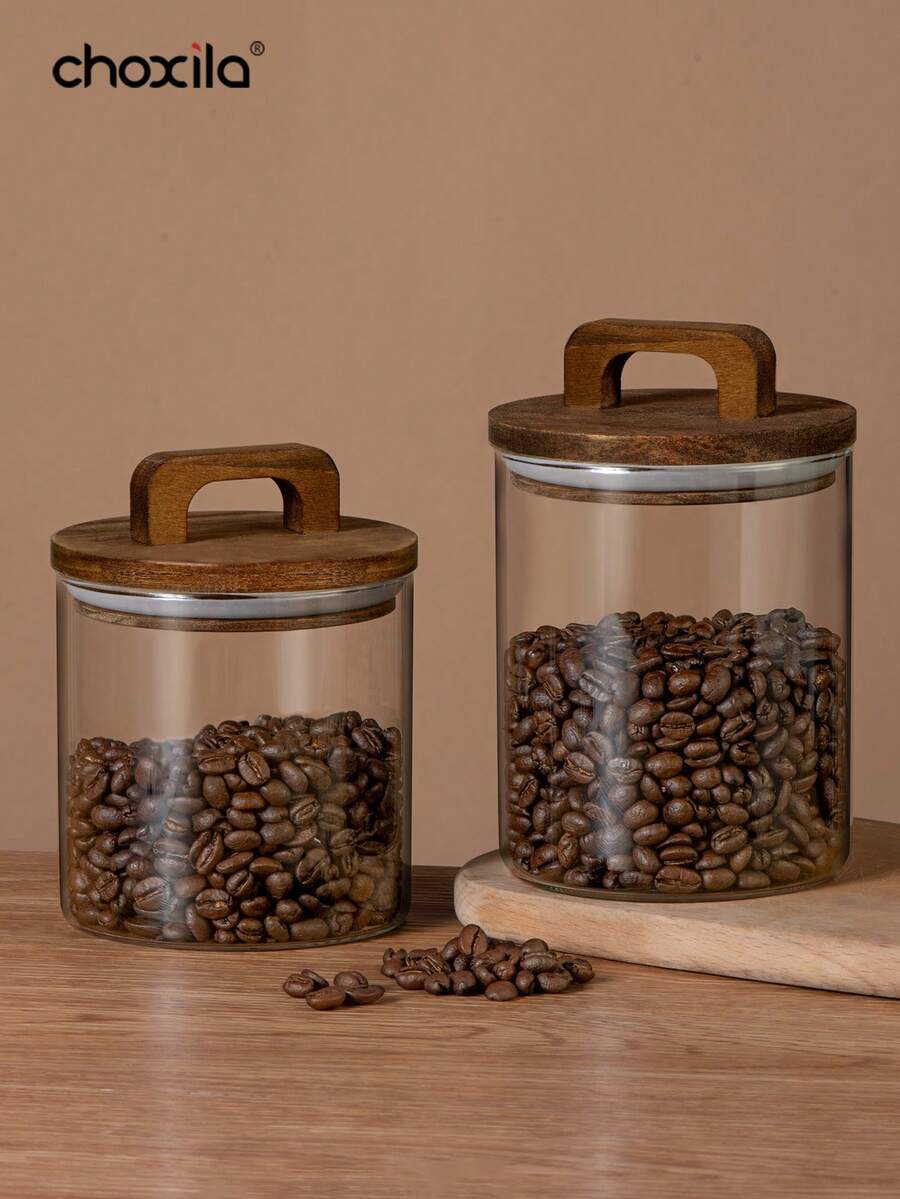 choxila 1pc Coffee Bean Sealed Jar With Handle Wooden Lid Storage Jar Coffee Bean Glass Sealed Jar Back To School