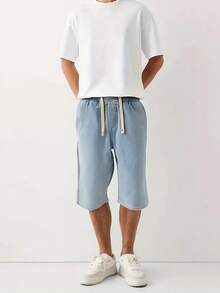Pantalones cortos vaqueros casuales con cordón en la cintura, holgados para el tiempo libre y vacaciones en verano, para hombres - Azul - Ver 3