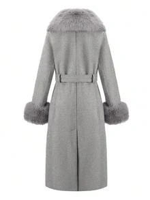 Women's Wool Blend Coat With Faux Fur Collar, Cuffs And Belt - Fashionable Long Jacket For Cold Weather - Medium Gray - View 2