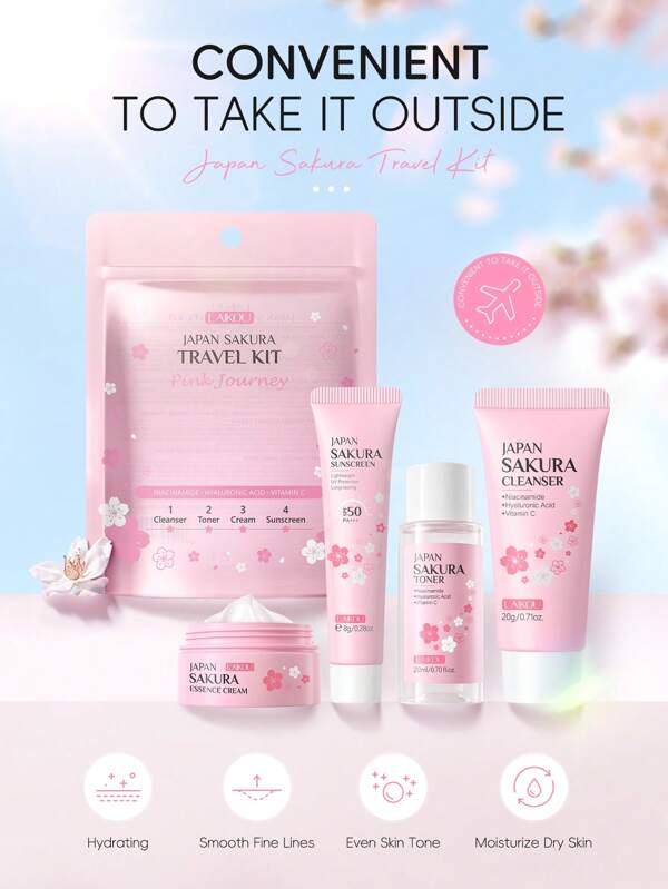 LAIKOU 1 Set de 4 piezas Kit de viaje para el cuidado de la piel de LAIKOU Sakura, que incluye: Protector solar protector UV SPF50+ de 8g, Crema facial nutritiva de 8g, Tónico iluminador de 20ml y Limpiador facial suave de 20g. Set portátil de cuidado de la piel ideal para viajes, campamento, senderismo, escalada y actividades al aire libre como regalo para mujeres y niñas.